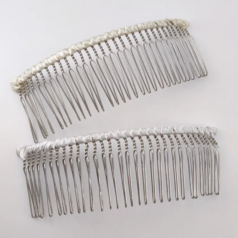 11.5cm*3.8cm  Beige  White Fabric Wrapped 30teeth Metal Hair Combs for Handmade Bridal Veil Clips Twisted Wire Side Comb