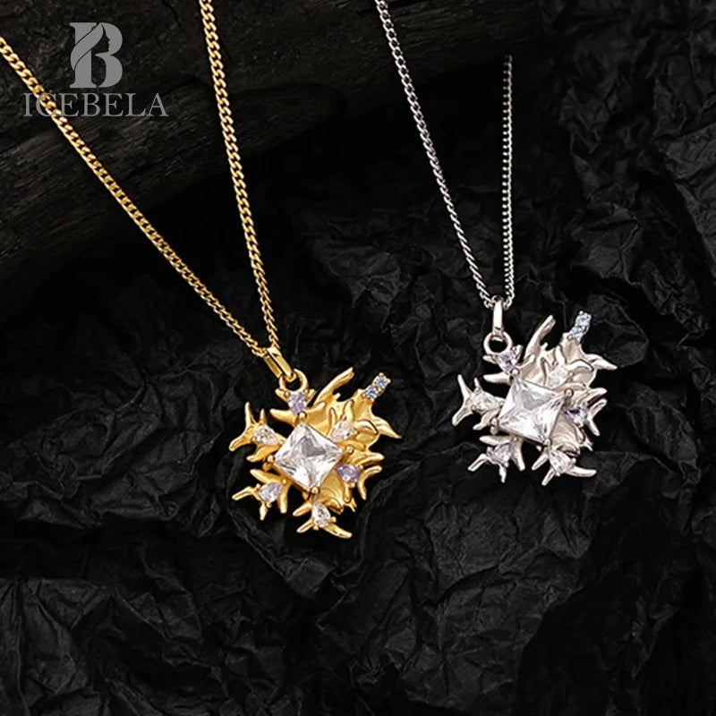 ICEBELA Fashion Jewelry S925 Pure Silver 18K Gold Plated Christmas Micro Paved Cubic Zircon Snowflake Shape Pendant Necklace