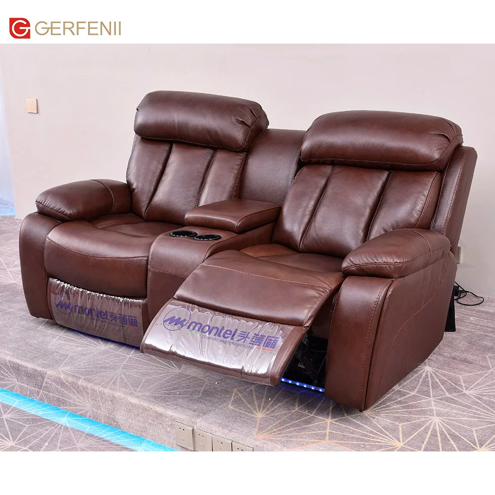 Luxury Italian Leather Electric Power Recliner Private Customized Home Theater Cinema Sofa Led Chiller Cupholder Genuine Leather