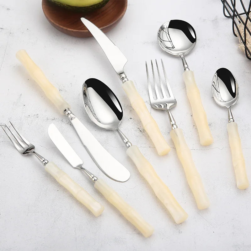 Acrylic Pearlescent White Bamboo Handle 304 Stainless Steel Cutlery Set Knife Fork Spoon Silverware Restaurant Flatware Set