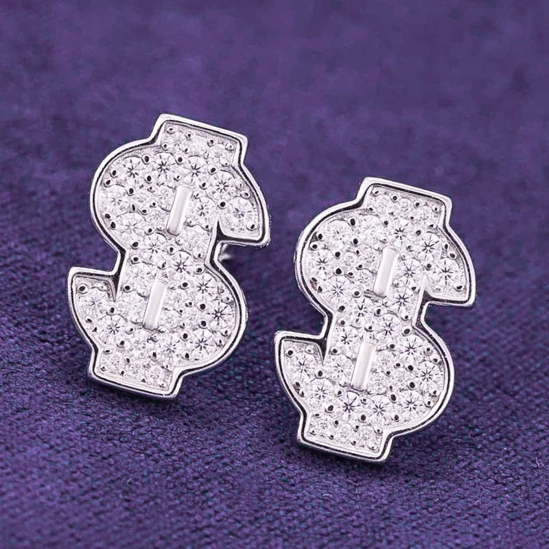 Hip Hop 925 Sterling Silver Iced Out VVS Moissanite Dollar Earrings Fine Jewelry Passes Diamond Tester for Men and Women