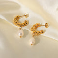 Wholesale Women's Fashion Freshwater Pearl Drop Earrings Stainless Steel Waterproof 18K PVD Gold Plated Hoop Pearl Earring