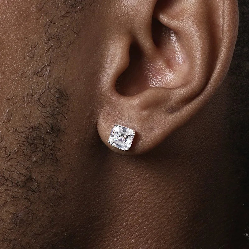 De 2023 Hot Men Women 925 Sterling Silver Earrings Jewelry 5A Cubic Zirconia 8mm White Color Emerald Cut Zircon Stud Earring