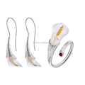 Lotus Fun Fashion Calla Lily Flower 925 Silver Ring Rhinestone Ring Drop Earrings for Lady Fine Jewelry for Women