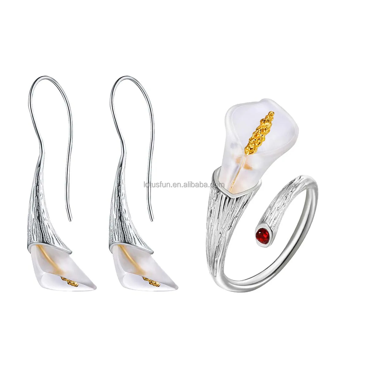Lotus Fun Fashion Calla Lily Flower 925 Silver Ring Rhinestone Ring Drop Earrings for Lady Fine Jewelry for Women
