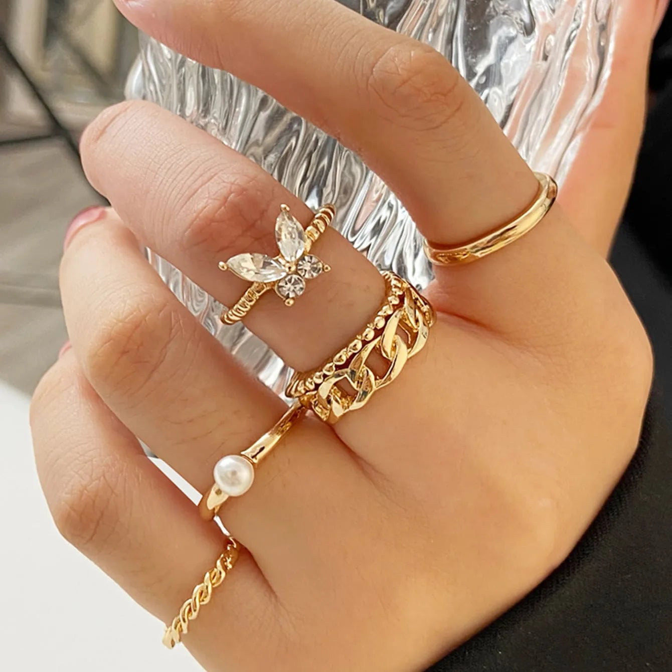 Fashion Jewelry Simple Chain Open Ring Set 5 Pieces Retro Butterfly Ring Full Diamond Ring Set Women Accessories