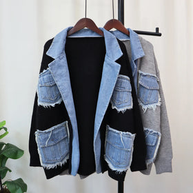 Boutique Wholesale 2025 Autumn New Denim Spliced Sweater Design Feel Loose Casual Versatile Knitted Women's Coat