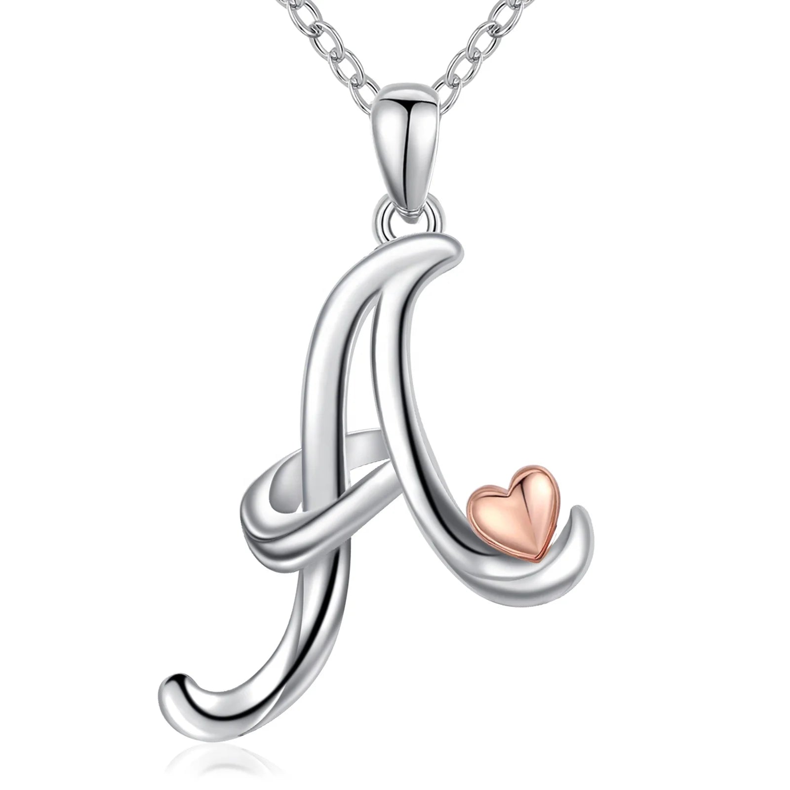 Delicate 925 Sterling Silver Jewelry A-Z 26 English Alphabet Letter Initial Pendant Necklace with Rose Gold Little Heart