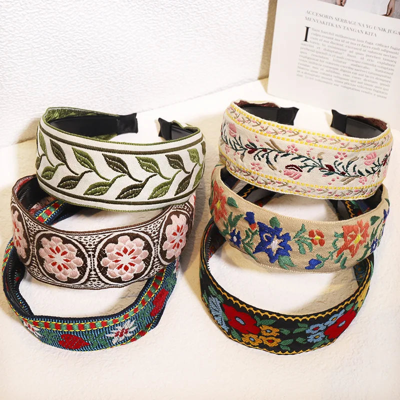 HOVANCI Trendy Adjustable Vintage Ethnic Embroidery Flower Headband Classic Non Slip Embroidery Pattern Head Hoop