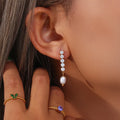 Cute Delicate Bling Shiny Cubic Zirconia Freshwater Pearl Drop Earrings 18k Pvd Gold Stainless Steel  Pendant Earrings