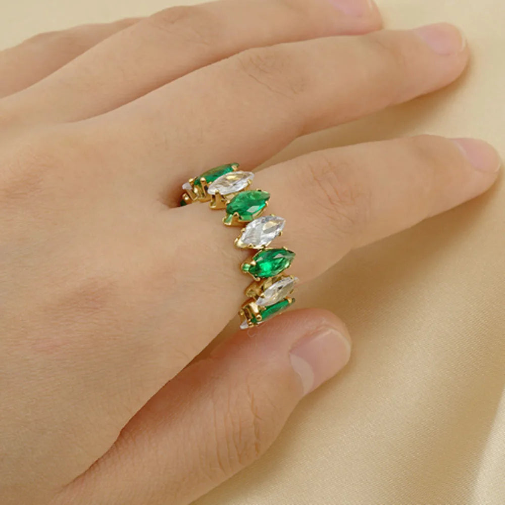 Bulk Waterproof Chic Eternity Stainless Steel Gold 18k Emerald Zircon Diamond bar Bead Pave Open Cuff Design Finger Ring Jewelry