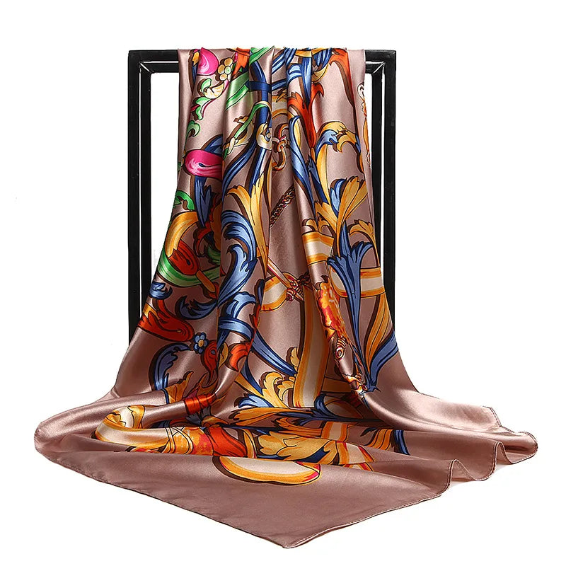 Adult Ladies Everyday Use Square Scarves Satin 90cm Square Scarf Large Hair Scarves Vintage Floral Pattern Head Scarf for Women
