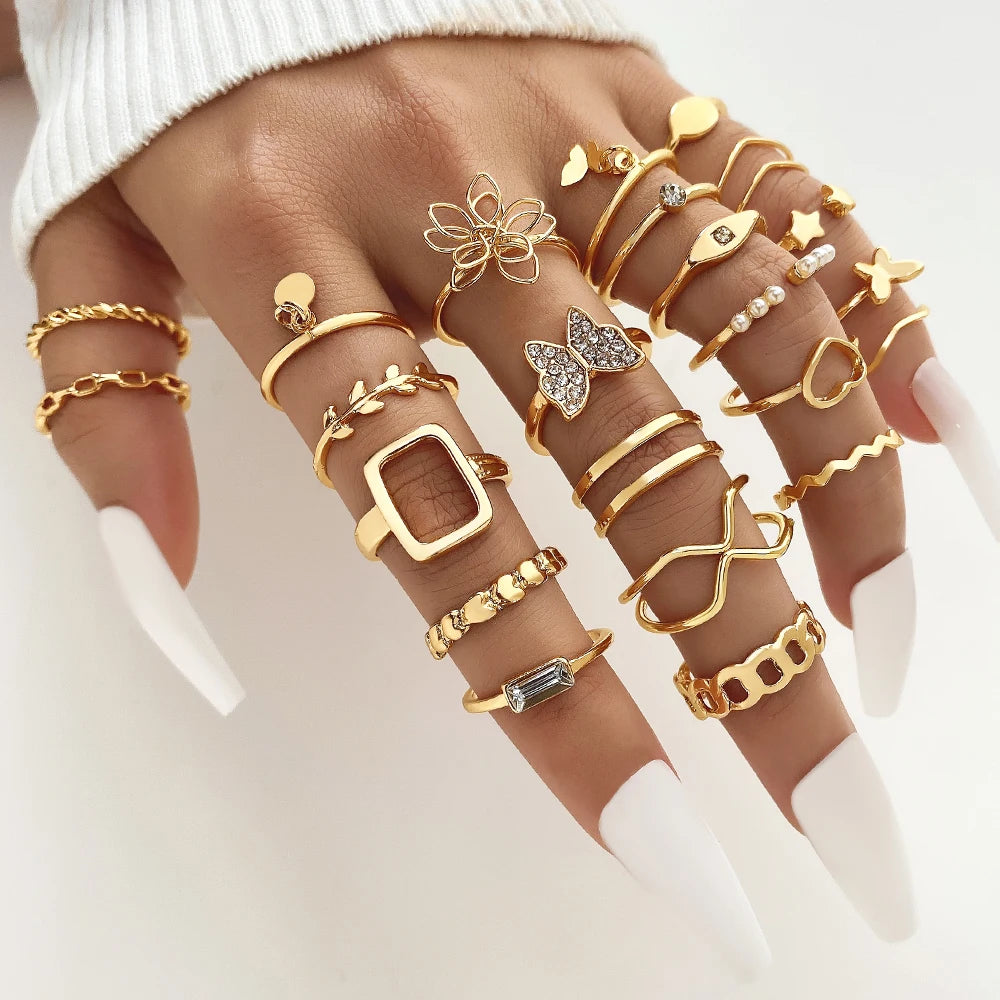 2023 New Trendy 23Pcs/Set Gold Plated Shinny Butterfly Rings Sets Fashion  Knuckle Ring Jewelry Set