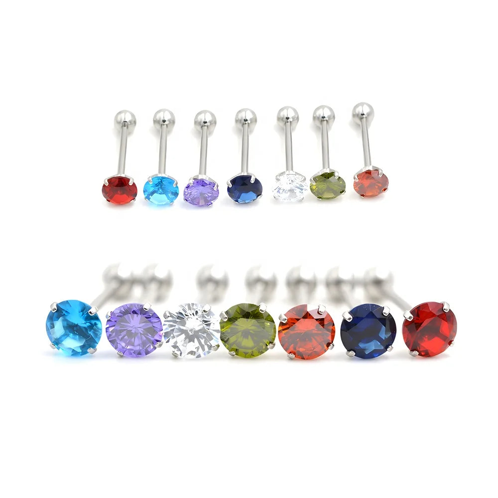 316 Stainless Steel Tongue Piercing Jewelry 14G Barbell Color AAA Grade Round CZ Zircon Tongue Stud Rings