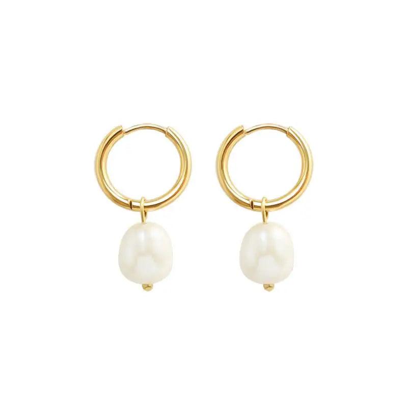 Fashion Stainless Steel Freshwater Baroque Single Large Pearl Hoop Earrings Huggie Pearl Drop Earrings