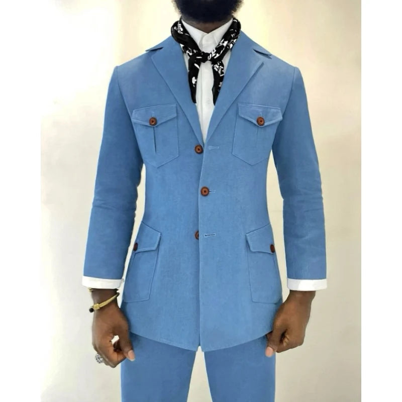 Blue Coat Pant Deign Men Suits Custom Casual Jackets Man Business Suit Safari Jacket Trouser Set Youth Prom Party Blazer Suits