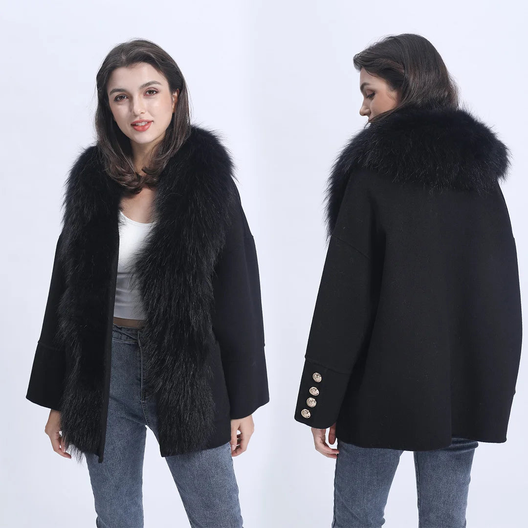European Trench Style Handmade Genuine Fur Trim Long Raccoon Fur Cashmere Wool Coat Womens
