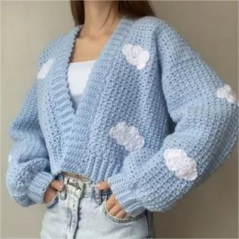2026 Custom Logo Light Blue Long Sleeve Knitted Intarsia Jacquard Women's Cropped Cloud Sweater Cardigan With Pockets