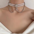Women Jewelry Lace Rope Pearl Necklace Double Layer Rhinestone Flower Necklace With Crystal