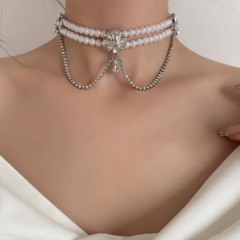 Women Jewelry Lace Rope Pearl Necklace Double Layer Rhinestone Flower Necklace With Crystal
