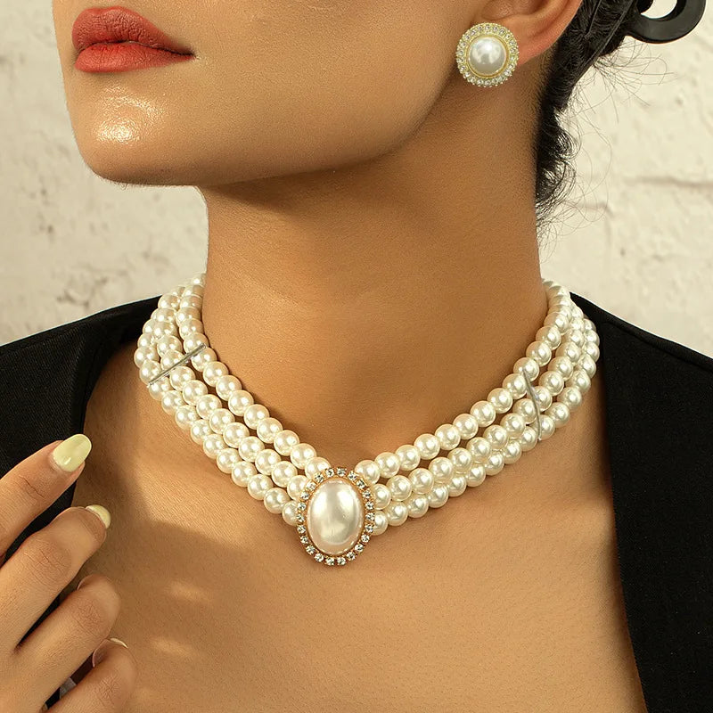 Fashion Vintage Water Drop 6-Layer White Pearl Golden Cluster Link Chain Big Bib Statement Necklace Alloy for Anniversary