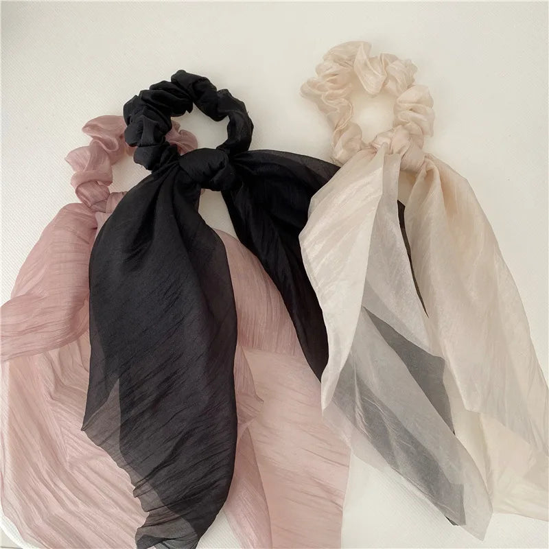Korean Elegant Solid Color Mesh Women Hair Accessory Fabric Horsetail Rubber Band Large Bow Knot Elastic Scrunchies