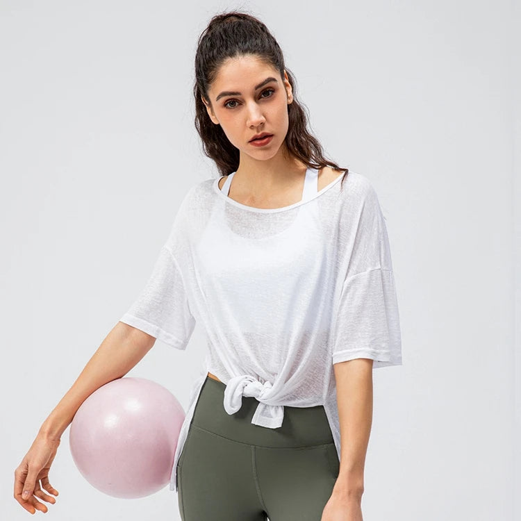 Women's Loose Sports Blouse Lightweight Breathable Running T-shirt Slit Quick Dry Yoga Short Sleeve