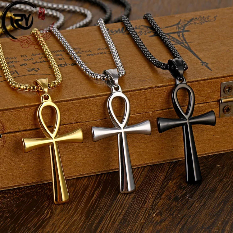 Fashion Ancient Egypt Anka Stainless Steel Necklace Simple Polishing Titanium Steel Gold Cross Pendant Necklace Jewelry