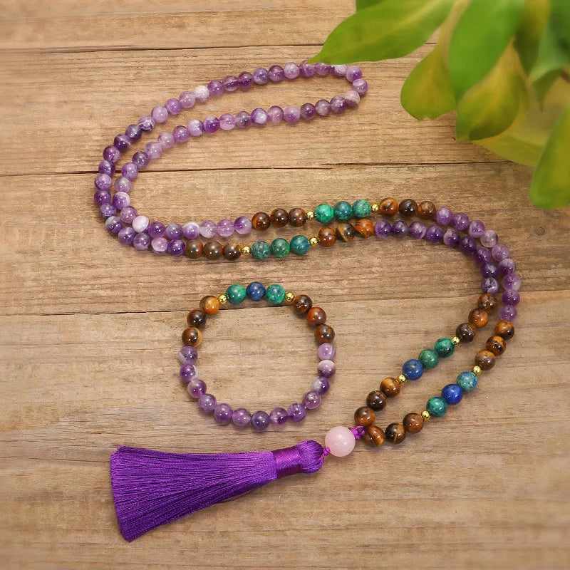 108 Beads Mala Prayer Necklace Tiger Eye Chrysocolla Amethyst Healing Calming Necklace Stone Beads Meditation Japamala Necklace