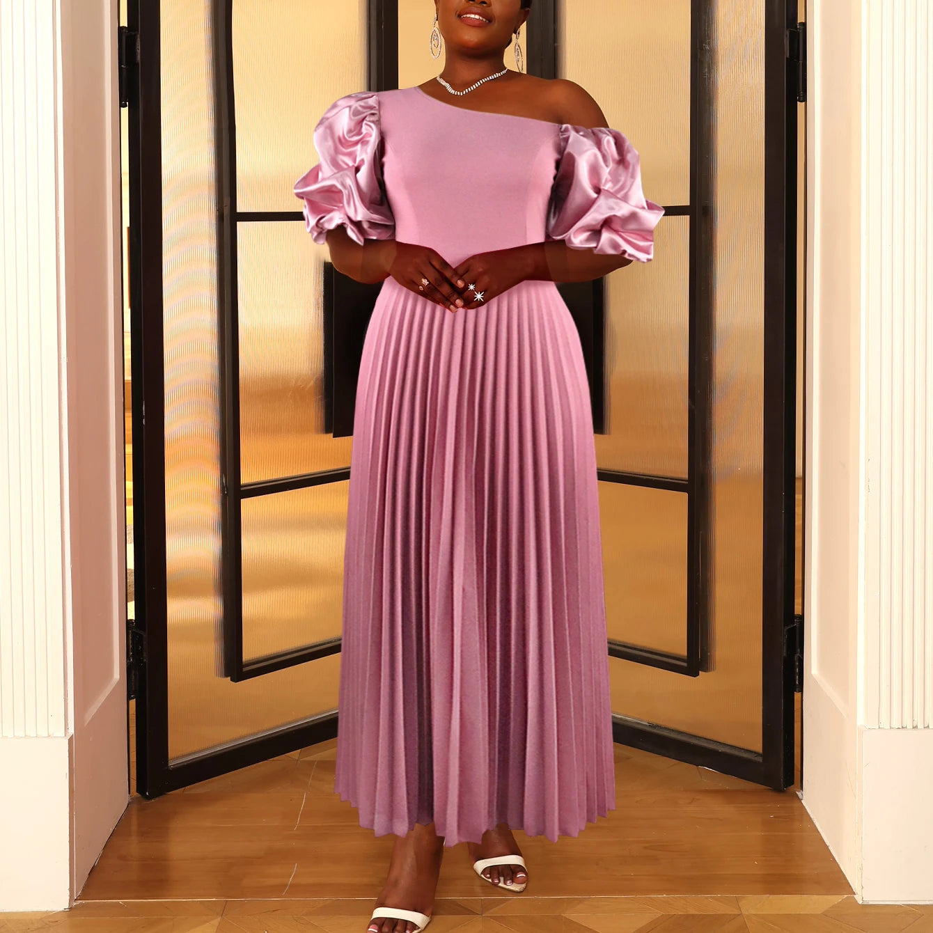 One Shoulder Puff Pleat Vestidos Long Dresses Women Casual Dresses