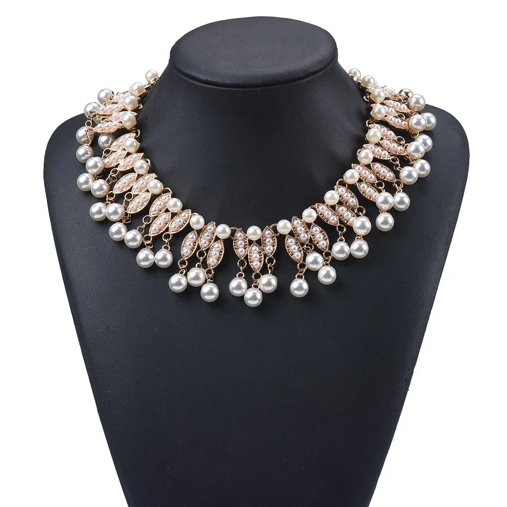 New Arrival Fashion Exaggerated Alloy Full Pearl Tassel Necklace Pearl Necklace Earrings Sets for Girls  Women Ladies