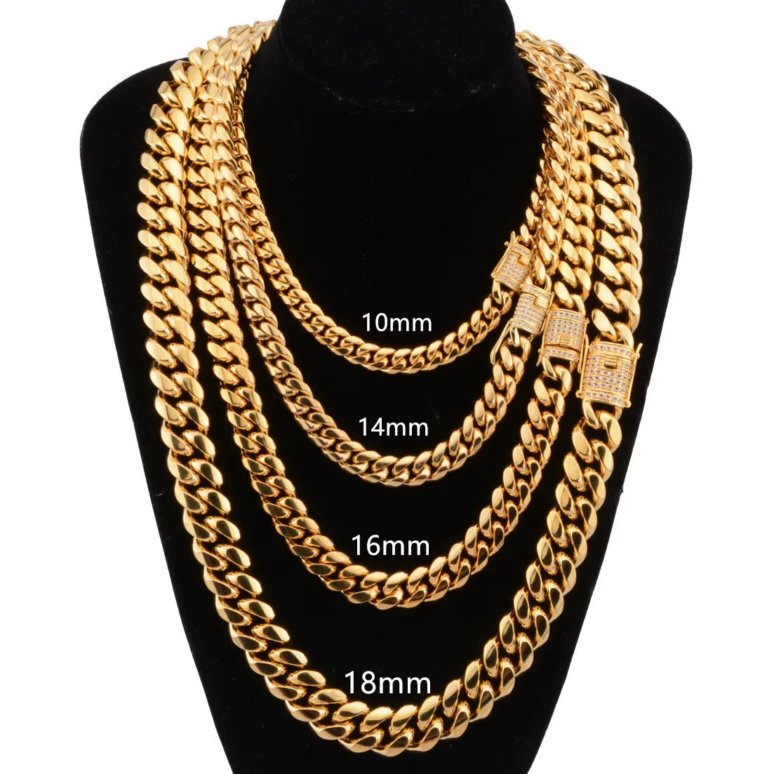 14mm Gold Titanium Steel Stainless Steel Cuban Chain Micro Inlaid White Diamond Buckle Encryption Necklace