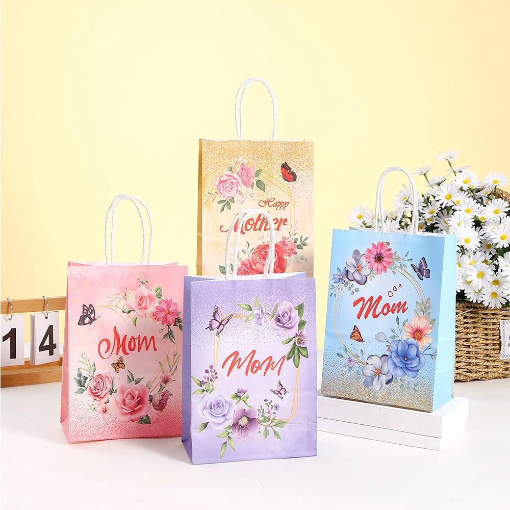 Mother's Day Theme Paper Gift Candy Bag Cookie Sweet Favor Handle Bag for Thank You Mothers Mom Gift Packaging Bags