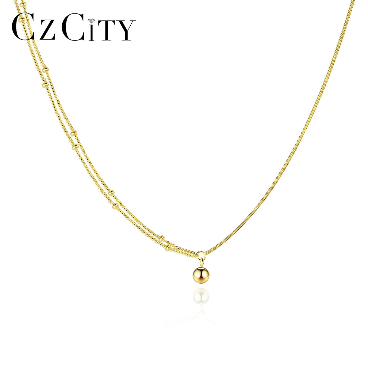 CZCITY Sterling Silver Lady Link Fashion Pendant Gold Plated Luxury Bead Chain Charm Layered Necklace