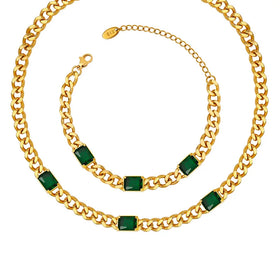 European and American Thick Chain Green Glass Stone Necklace Pendant Bracelet Set Non-Fading Jewelry Sets for Women