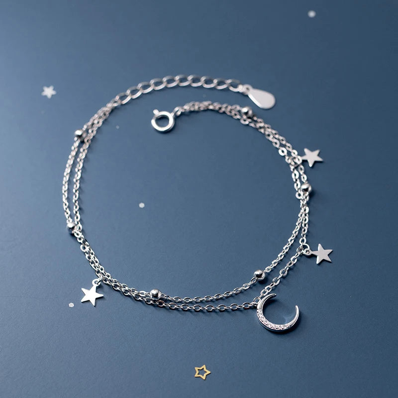 Fashion Genuine 925 Sterling Silver Double Layer Beads Chain Moon Star Charm Bracelets for Women Wedding Valentine's Day Jewelry