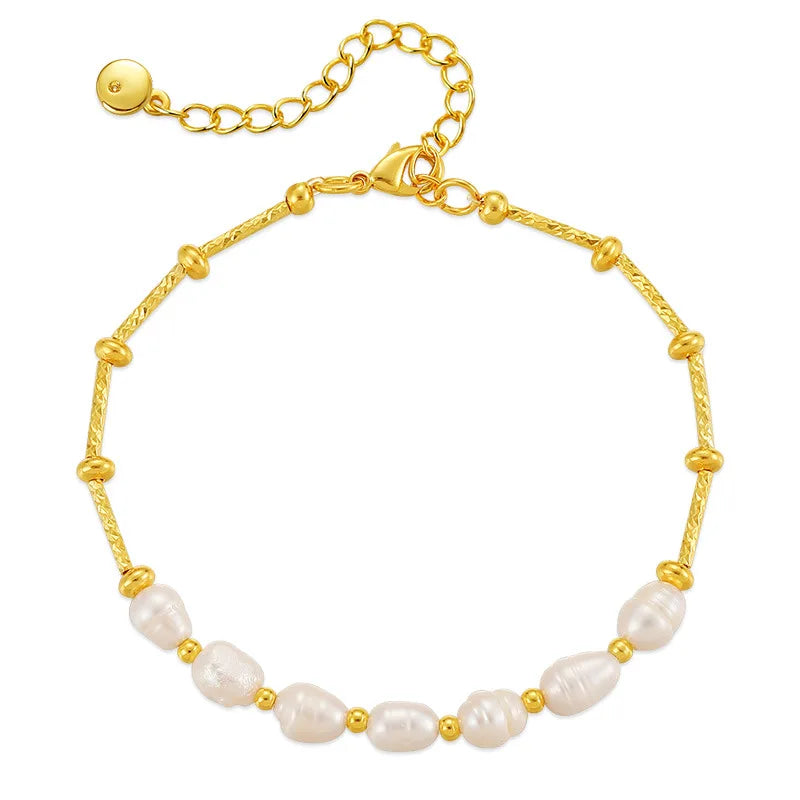 Fashion Cheap Brass Alloy Copper 18k Gold Plated Freshwater Pearl Bead Bracelet Women Jewelry