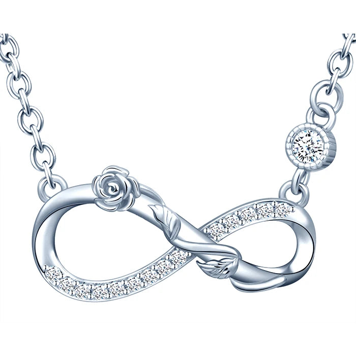 Solid 925 Silver Rose Flower Infinity Symbol Jewelry Set-Zircon Infused Earrings Necklace for Gifts Engagement Anniversary