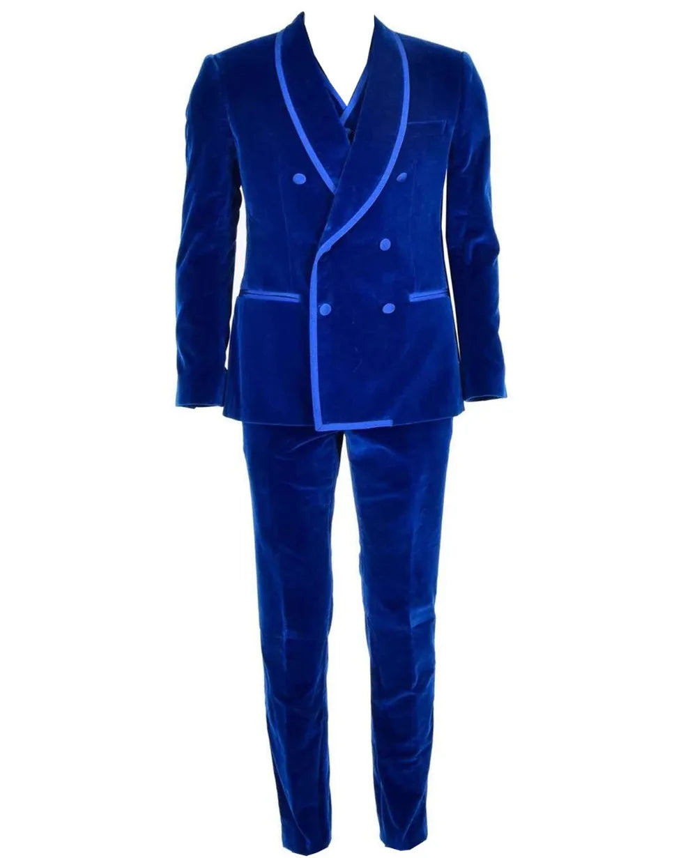 Royal Blue Velvet Double Breasted Shawl Lapel Groom Tuxedos Men Suits Wedding Prom Dinner Best Man Blazer (Jacket+Pants+Vest)