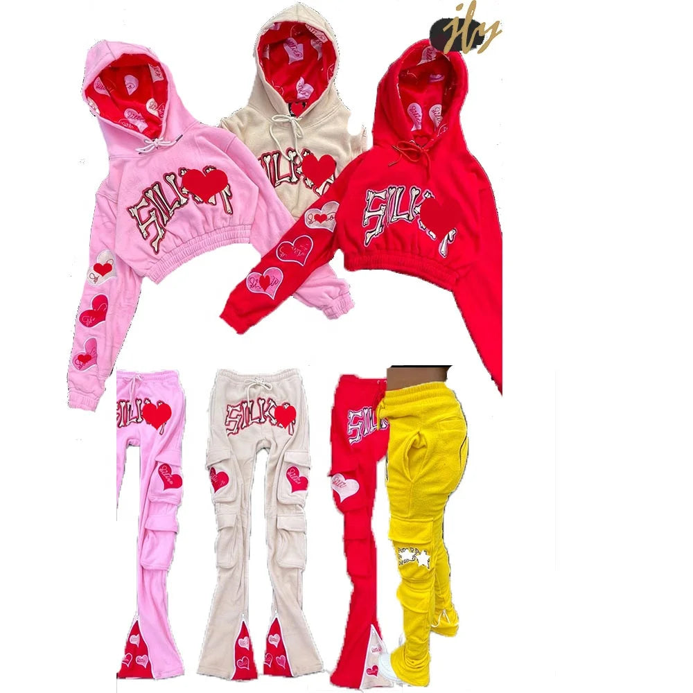 KY Print Satin Hoody Embroidery Custom Stacked Flared Sweatpants Fleece Wholesale Cropped Top Hoodie