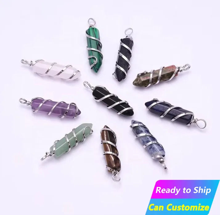 23/24 New Model Custom Natural Healing Hand Carved Stone Gemstone High Quality Necklace Charms Wire Wrapped Crystal Pendant