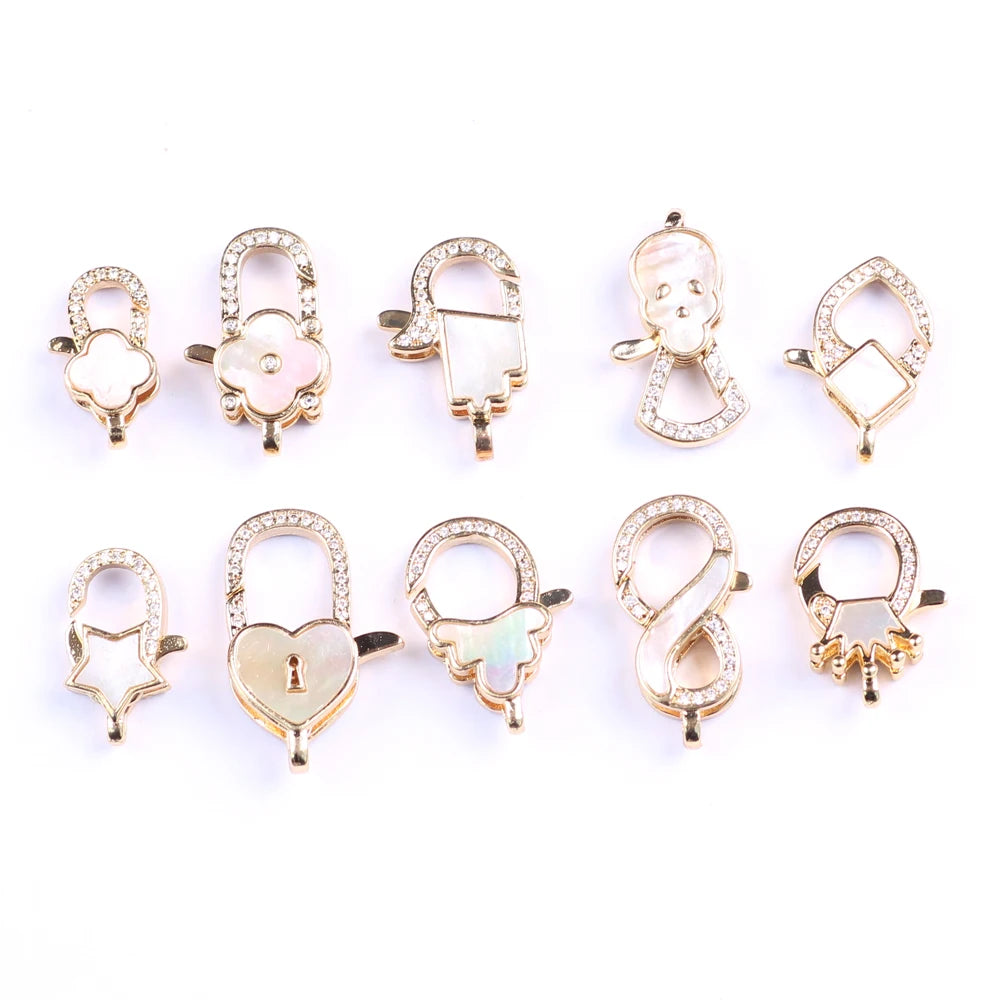 Shinny Full Stone CZ Micro Pave Korean Style White Shell Heart Shape Lobster Clasp for Jewelry Making