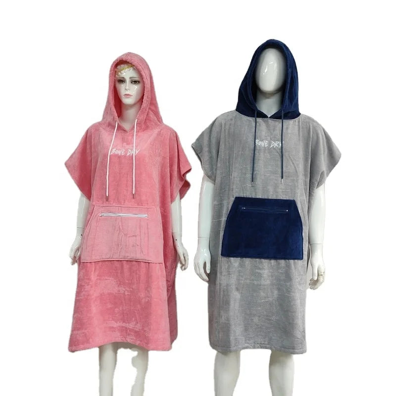 Custom 100% Cotton Velour Towel Changing Robe Hooded Poncho Beach Towel for Swimming Beach Play Adults Kids