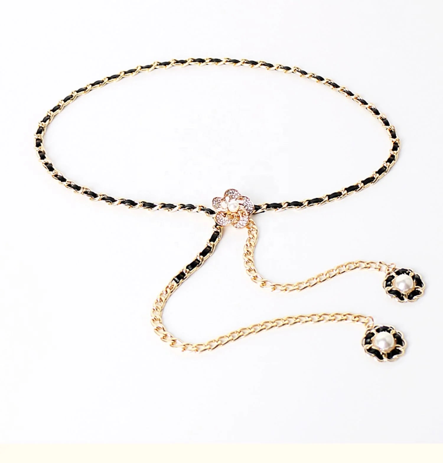 Trendy New Female Metal Belt with Diamonds and Pearls Stylish Wrist Chain Accessory