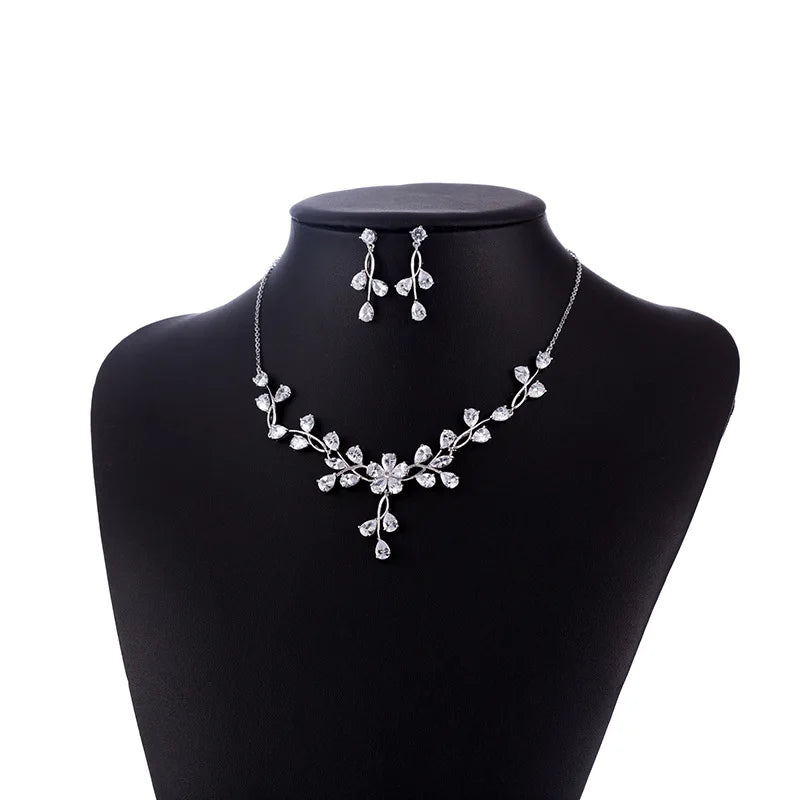 SLBRIDAL Rhinestones Crystals Cubic Zircon Wedding Jewelry Set Bridal CZ Necklace Earring Set Banquet Jewelry Set Women Jewelry
