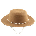 Women Summer Panama Beach Hat Lady Straw Fedora Sun Hat with Pearl Chain