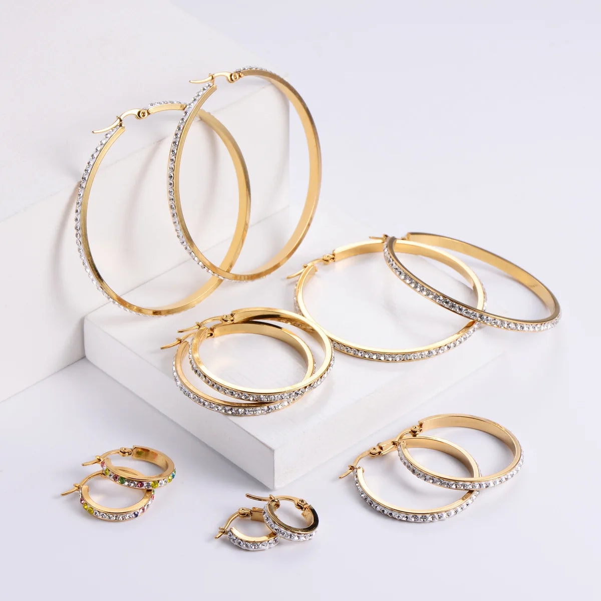 RisingMoon Hypoallergenic Jewelry for Sensitive Ears Hoop Earrings Gold Plated Stainless Steel Cubic Zirconia Earrings