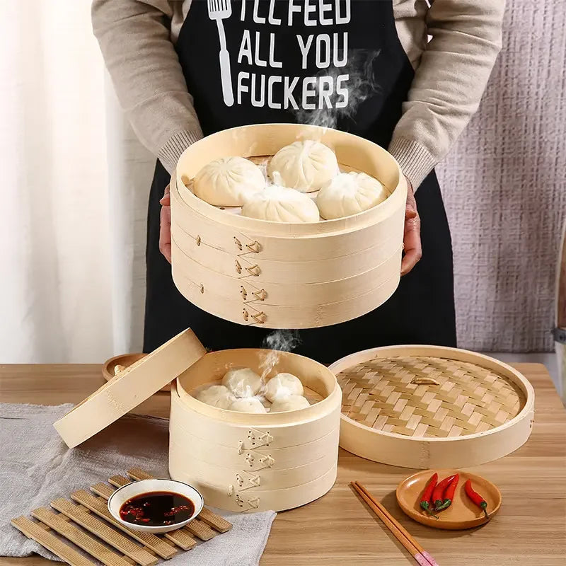 10-Inch Handmade Eco-Friendly Bamboo Steamers 2-Tier Cooking Food Steamer Pot Set with Lid for Gas and Induction Stoves