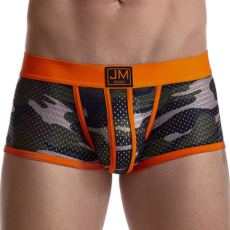 For Brand Fashion Men's Underwear Mesh Fabric Low-Rise Knitted Boxer Briefs Male Sports Shorts Breathable Bikini Summer
