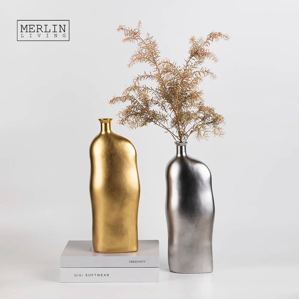 Merlin Living Irregular Gold Vase Decor Living Room Desk Decor Vase With Gold Ceramic Flower Vase